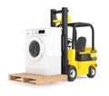 Forklift Truck moves Modern Washing Machine. 3d Rendering