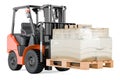 Forklift truck with parcels wrapped in the stretch film, 3D rendering Royalty Free Stock Photo