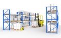 Forklift , truck and shelves.