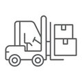 Forklift truck thin line icon, logistic and delivery, bendi truck with boxes sign vector graphics, a linear icon on a Royalty Free Stock Photo