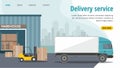 Forklift truck in warehouse. Truck loading. web banner