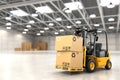 Forklift truck in warehouse or storage loading cardboard boxes. Royalty Free Stock Photo