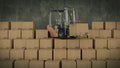 Forklift truck in warehouse or storage loading cardboard boxes. 3d Royalty Free Stock Photo