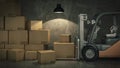 Forklift truck in warehouse or storage loading cardboard boxes. 3d Royalty Free Stock Photo