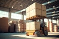 Forklift truck in warehouse or storage loading cardboard boxes. Generative AI illustration Royalty Free Stock Photo