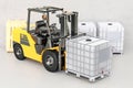 Forklift truck with white intermediate bulk container, 3D render