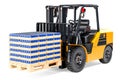 Forklift truck with wooden pallet full of drink metallic cans in Royalty Free Stock Photo