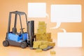 Forklift trucks with a cardboard box on a pallet and blank text box.