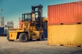 Forklift unloading and container stack in yard cargo shipping. , Heavy equipment. Royalty Free Stock Photo