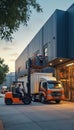 Forklift unloading truck at warehouse Royalty Free Stock Photo