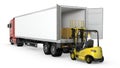 Forklift unloads or loads white blank semi-trailer