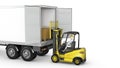 Forklift unloads or loads white blank semi-trailer Royalty Free Stock Photo