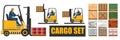 Forklift. Vector. Loading boxes, bricks, stones, barrels, cardboard packaging, bags, cement. Pallets for freight. Loader. Wooden p Royalty Free Stock Photo