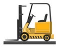 Forklift. Vector. Loading boxes, bricks, stones, barrels, cardboard packaging, bags, cement. Pallets for freight. Loader. Wooden p Royalty Free Stock Photo