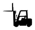 Forklift vector silhouette, heavy loader. Cargo from warehouse to truck.