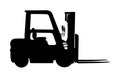 Forklift vector silhouette, heavy loader. Cargo from warehouse to truck. Storage equipment racks, pallets with goods. shipping.