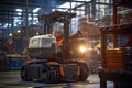 Forklift in warehouse. Industrial background. 3d rendering. humanoid robot operating a forklift at a bustling industrial complex,