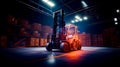 Forklift in warehouse with lot of pallets in the background. Generative AI Royalty Free Stock Photo