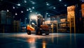 Forklift in warehouse with pallets stacked on the pallets. Generative AI Royalty Free Stock Photo
