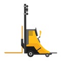 Forklift warehouse or storage equipment. Yellow machine without driver isolated on white background. Delivery, shipment