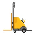 Forklift warehouse or storage equipment. Yellow machine without driver isolated on white background. Delivery, shipment