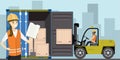 Forklift working with cargo container and product wooden boxes
