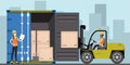 Forklift working with cargo container and product wooden boxes