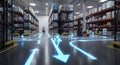 Forklifts navigate a modern warehouse with digital guidance system for efficient logistics Royalty Free Stock Photo