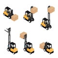 Forklifts, reliable heavy loader, truck transporting cargo cement bags on wooden pallet
