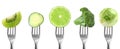 Forks with different vegetables and fruits on background, banner design. Healthy meal