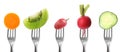 Forks with different vegetables and fruits on background, banner design. Healthy meal