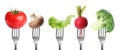 Forks with different vegetables on background, banner design. Healthy meal