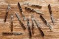 Forks and knifes meat cutlery on rustic wooden table. Royalty Free Stock Photo