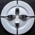 The forks are laid out in a cross on a white round plate. An empty plate with forks as a symbol of poverty and hardship