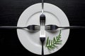 The forks are laid out in a cross on a white round plate. An empty plate with forks as a symbol of poverty and hardship