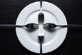 The forks are laid out in a cross on a white round plate. An empty plate with forks as a symbol of poverty and hardship