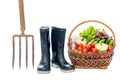 Forks, rubber boots and a basket with a crop of vegetables