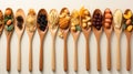 Forks and spoons with various tasty pasta on white background, flat lay Royalty Free Stock Photo