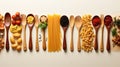 Forks and spoons with various tasty pasta on white background, flat lay Royalty Free Stock Photo