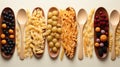 Forks and spoons with various tasty pasta on white background, flat lay Royalty Free Stock Photo