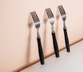 Forks standing on a wall, with big shadows between them. Royalty Free Stock Photo