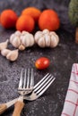 Forks Tomato and garlic  for cooking. Selective focus Royalty Free Stock Photo