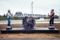 Forks, Washington - July 7, 2019: Sign for the Forks Timber Museum, featuring two loggers with a saw