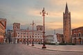 Forli, Emilia-Romagna, Italy: the main square Aurelio Saffi with the ancient abbey of San Mercuriale and the post office building Royalty Free Stock Photo