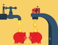 Form of saving money from business income. multi cash flow from pipe into wealthy piggy bank