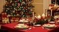 Festive Christmas Dinner Table Setting with Decorated Tree and Gifts image photo Royalty Free Stock Photo