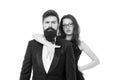 Formal fashion. Business couple. Love. Romantic couple in love. Elegant couple in formal wear. sexy woman bearded man