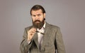 formal fashion model. handsome man standing on gray background. serious bearded businessman. stylish mature man looking Royalty Free Stock Photo