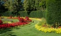 Formal flower gardens with red and yellow flowers in Regent`s Park in central London UK. The flower beds are planted for autumn.