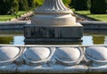 Formal flower gardens in Regent`s Park, London UK, photographed in springtime with water fountain in foreground. Royalty Free Stock Photo